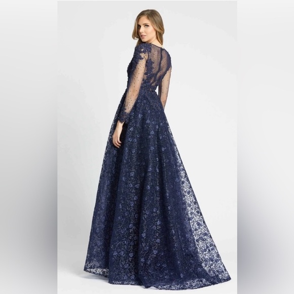 NWT $798 Mac Duggal Sheer Bodice Embroidered Illusion Maxi Dress Gown Navy Sz 16 - Picture 4 of 17
